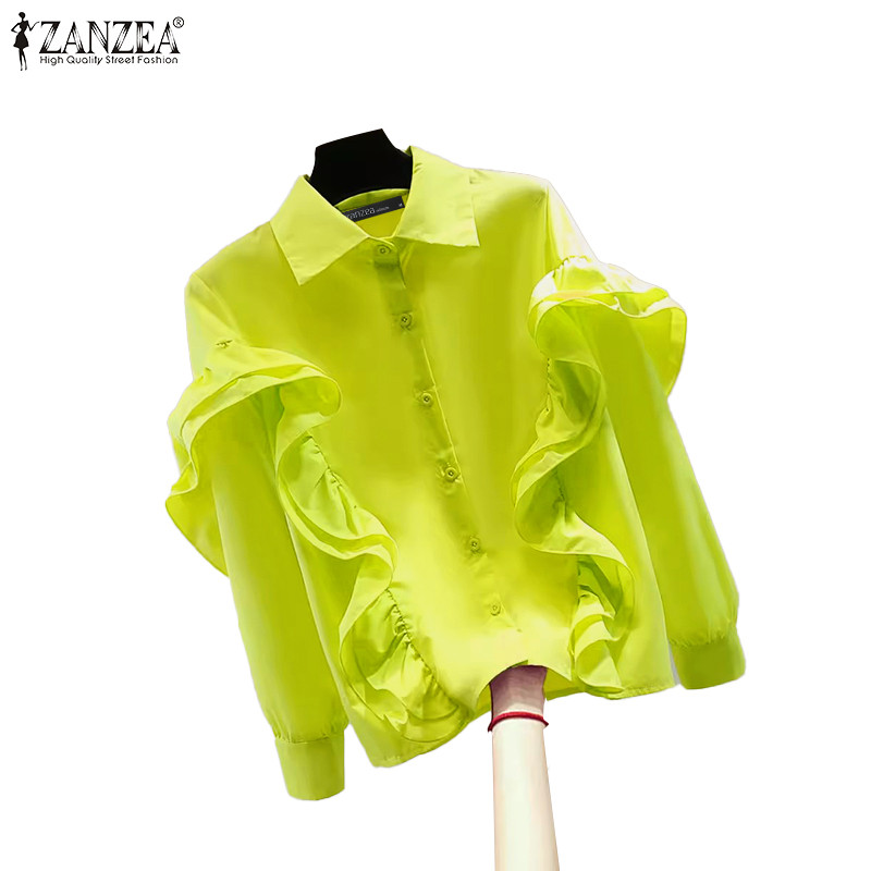 Zanzea เสื้อเชิ้ตสีทึบแขนยาวแฟชั่นเกาหลีสําหรับผู้หญิง