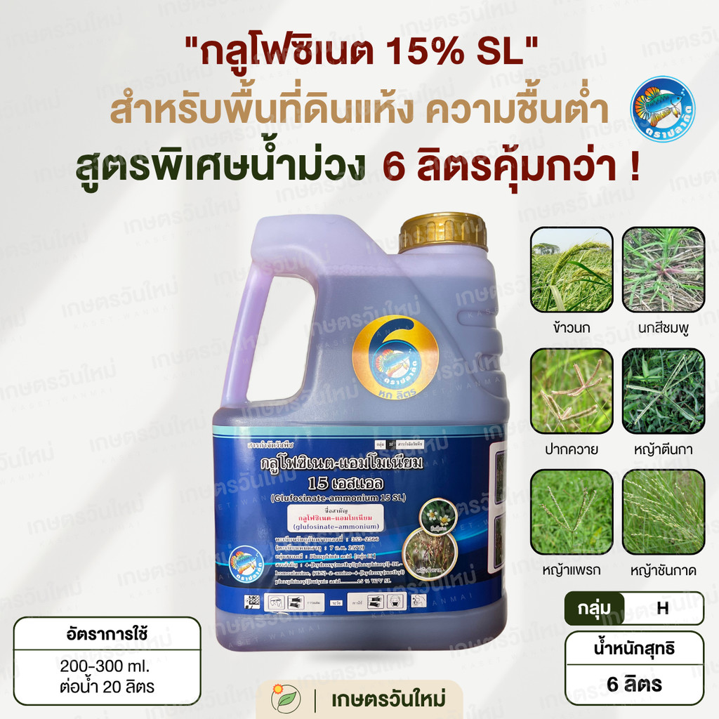 👩🏻‍🌾 กลูโฟซิเนต 15% SL (สูตรพิเศษ) ขนาด 6 ลิตร ใช้กำจัดวัชพืชใบแคบ ใบกว้าง กก เถาเลื้อย รูดข้าวดีดได้ ใช้ในสวนได้