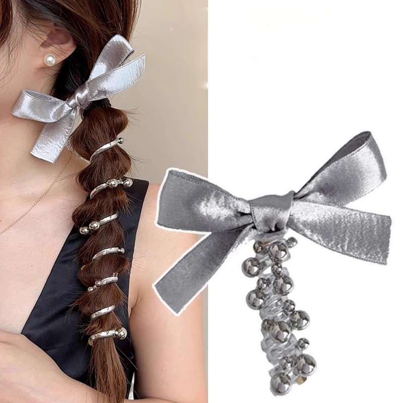 บิ๊กเงินโบว์เกลียว เชือกผูกผม ยางยืดหางม้าและหมวก