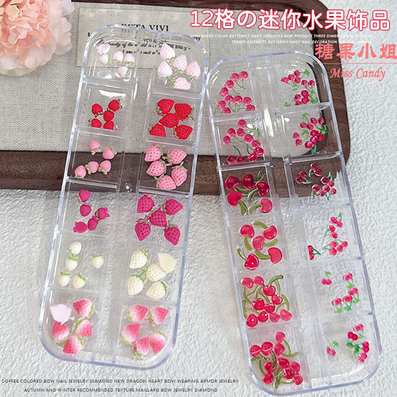 12 ช่องชุดอุปกรณ์ตกแต่งเล็บลายเชอร์รี่ อุปกรณ์ตกแต่งเล็บแบบสวมใส่ได้ ลายผลไม้จำลอง สตรอว์เบอร์รีสีชมพู