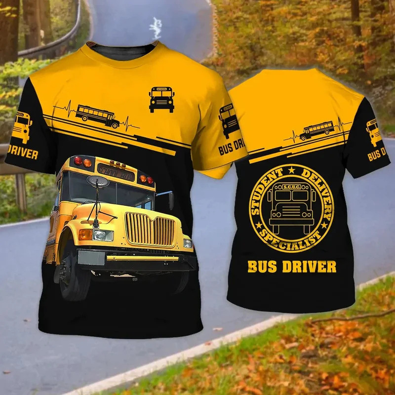 3D School Bus พิมพ์ผู้ชายเสื้อยืดแนวโน้มแฟชั่น Harajuku Driver ชุด O-คอเสื้อยืดขนาดใหญ่ฤดูร้อน Hip H