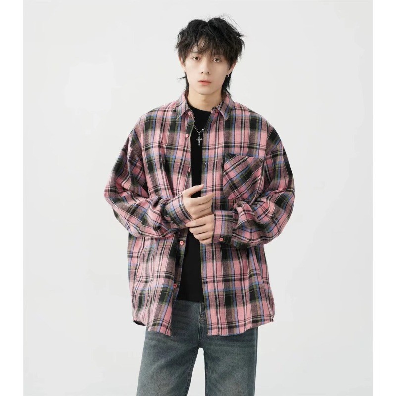 สไตล์ STREET WEAR อเมริกา เสื้อเชิ้ตสก๊อต สีชมพูกับสีตัดกัน ทรงหลวมใส่ง่าย