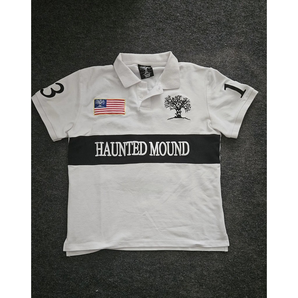 เสื้อโปโลแขนสั้นสไตล์เรโทร Y2K ออกแบบด้วยธงอเมริกันแบบ Haunted Mound คุณภาพสูง