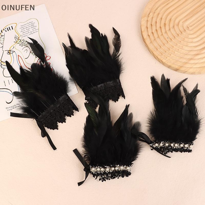 ONU สีดํา Feather ข้อมือ Cuffs Retro Vintage Punk Gothic Feather Cuffs สําหรับผู้หญิง Man ฮาโลวีน Go