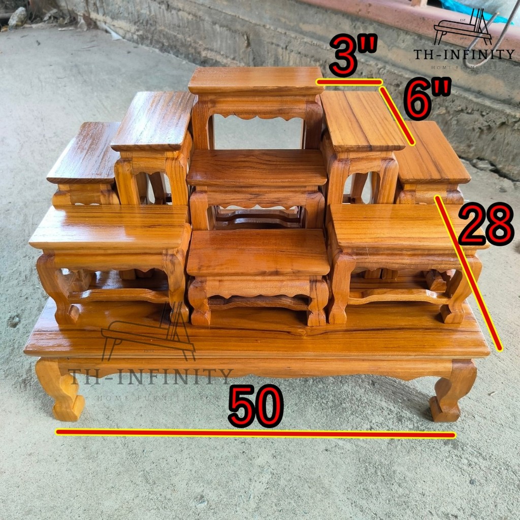 ส่งฟรี  TH โต๊ะหมู่บูชาไม้สัก หมู่ 9 หน้า 3 50*28*35 ซม. (ก*ลึก*ส) **รวมฐาน** (ไม้สักแท้) สีย้อม(อิฐ)