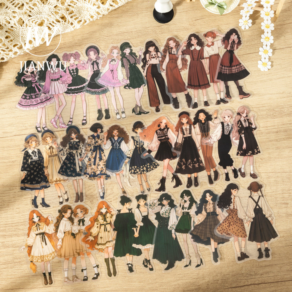 JIANWU Duoduos Weekly Set Series Vintage Girl Character Landscape Material Collage PET Sticker Creative Journal Stationery