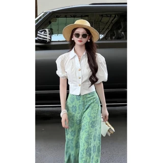 Chili Koko เสื้อสีเหลือง เสื้อเชิ้ตแขนพองคอวีสไตล์ฝรั่งเศส ทรงสั้น สวยงาม สำหรับผู้หญิงในช่วงฤดูร้อน W626