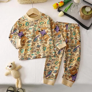 ชุดนอน แขนยาว ขายาว เสื้อผ้าเด็ก กันหนาว สูง73-120 cm เด็กหญิง เด็กผู้ชายผ้าcotton มีให้เลือกหลายลาย
