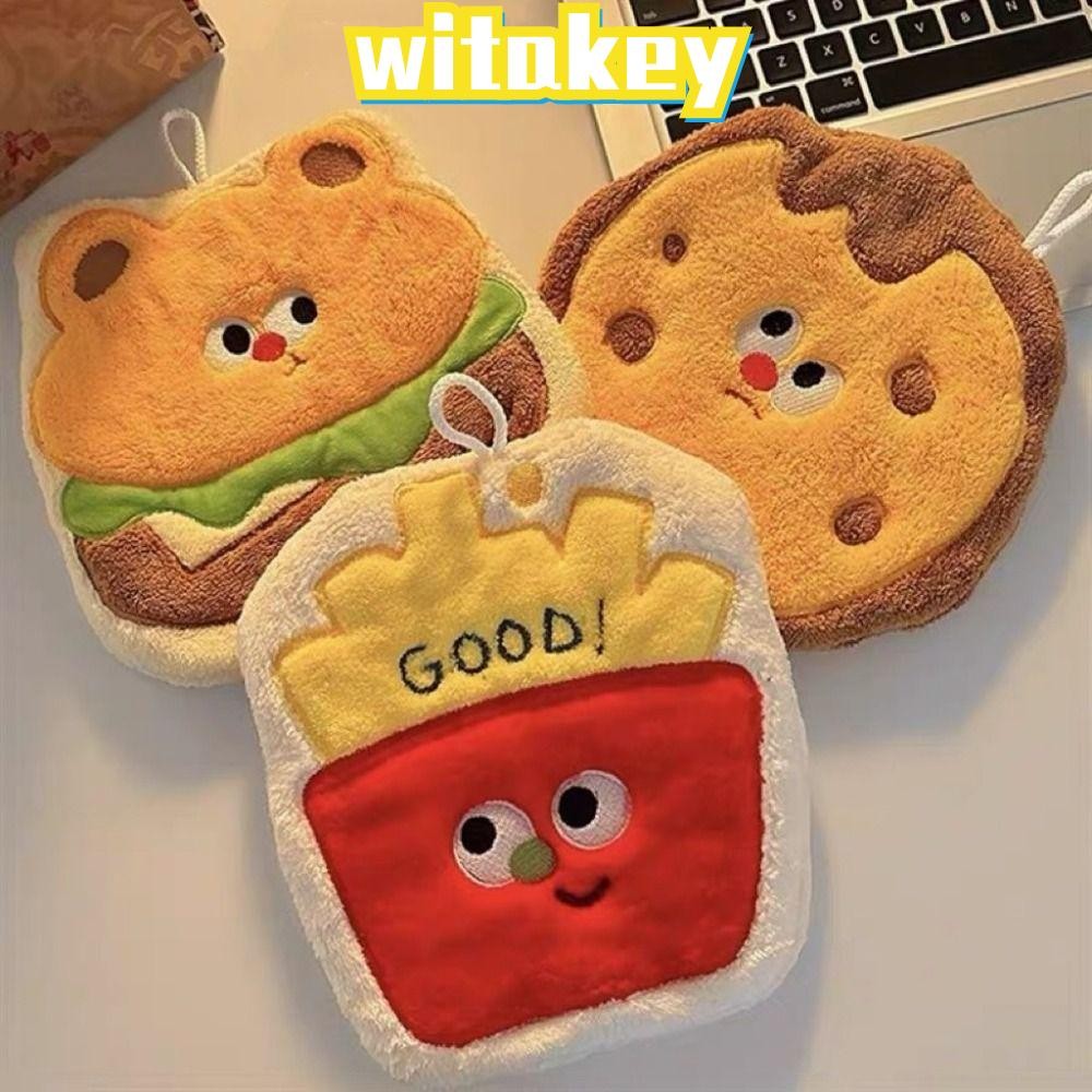 WITAKEY ผ้าเช็ดมืออบขนม ผ้าขนหนูการ์ตูนแห้งเร็ว คุกกี้ทอด แฮมเบอร์เกอร์ ผ้าเช็ดหน้าดูดซับแบบแขวน