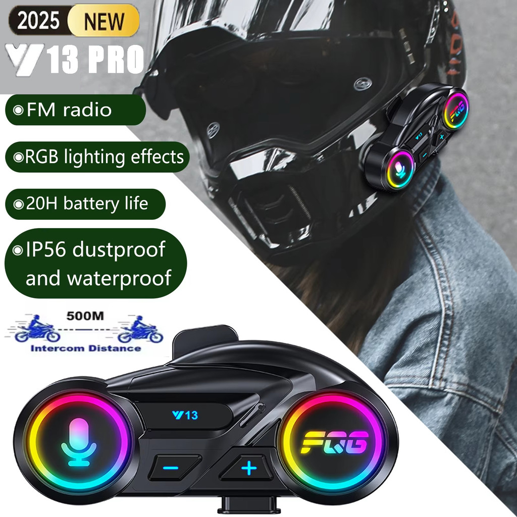 2025 ใหม่ Y13 Pro บลูทูธ V6.0 รถจักรยานยนต์ชิปหมวกกันน็อคหูฟัง 500M อินเตอร์คอมระยะทาง RGB Light FM 