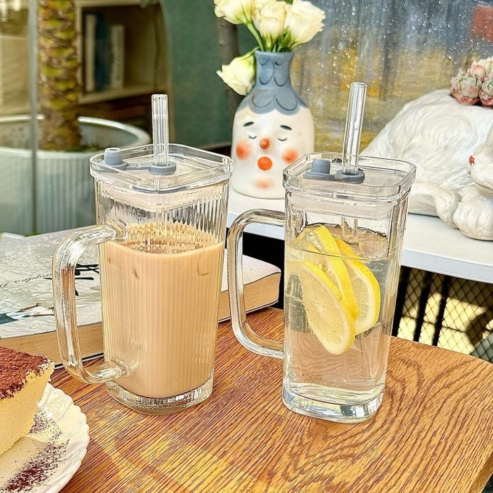 ยัน1 ถ้วยแก้วใสทนความร้อนพร้อมฝาปิดและถ้วยกาแฟฟางของขวัญคู่แก้วน้ําผลไม้สี่เหลี่ยมบ้านบาร์ - รูปที่ 6