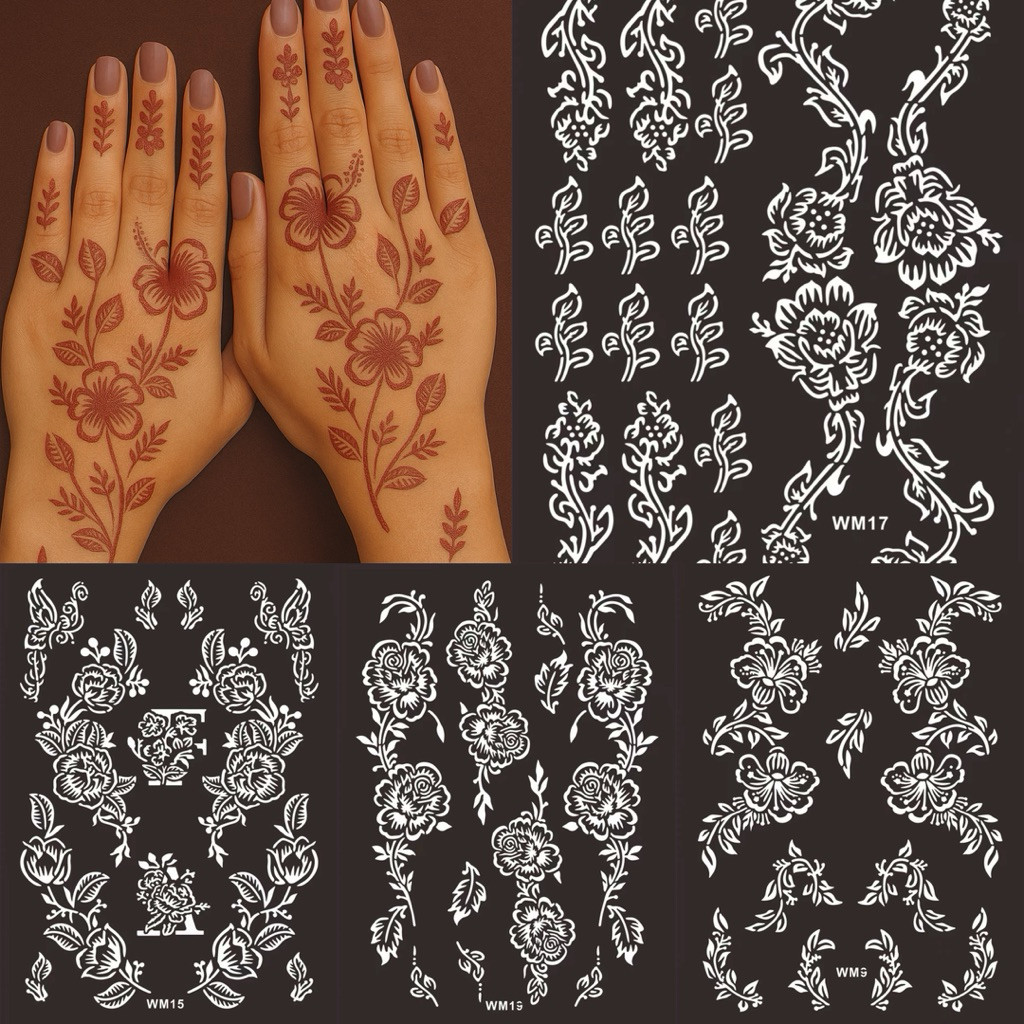 STENCIL INAI PENGANTIN CORAK HENNA สติกเกอร์ Tattoo Stencil สําหรับชั่วคราว Henna Tattoo สําหรับผู้ห
