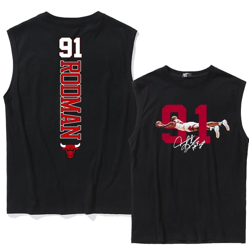 พร้อมส่งในไทย เสื้อกล้ากีฬา เสื้อกล้ามลำลอง เสื้อแขนกุดลายบาสเกตบอล Rodman หมายเลข 91 ใส่หล่อสไตล์สตรีท ผ้าฝ้าย 100%