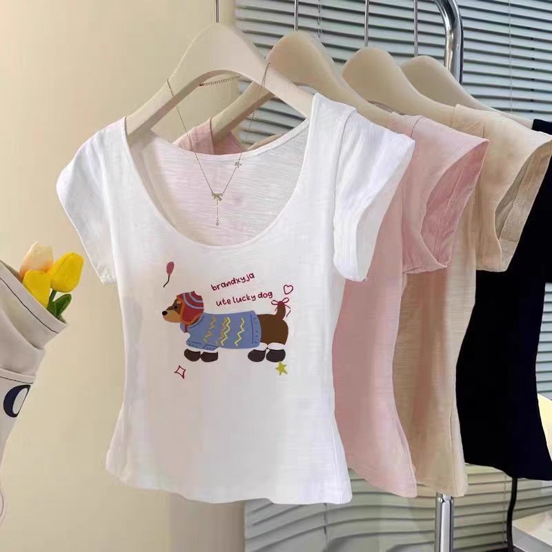 เสื้อยืดผ้าฝ้ายลายพิมพ์แบบ Slub สไตล์เกาหลี สำหรับฤดูร้อน ไหล่โถ่ง แขนสั้น U-neck ทรงเพรียว - รูปที่ 4