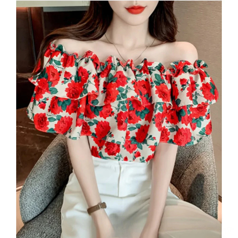 เสื้อเชิ้ตลายดอกวันสงกรานต์ สไตล์เปิดไหล่ แขนสั้นขอบใบบัว thumbnail 3