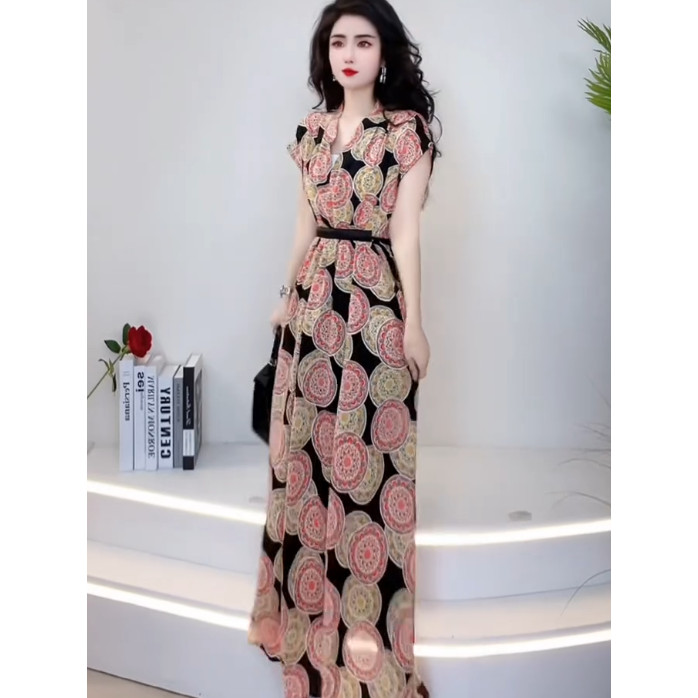 M-2XL/พิมพ์ชุดลําลองVคอLace-Upแคบ-เอวSlimmerดูชุดลําลองA-Lineชุด