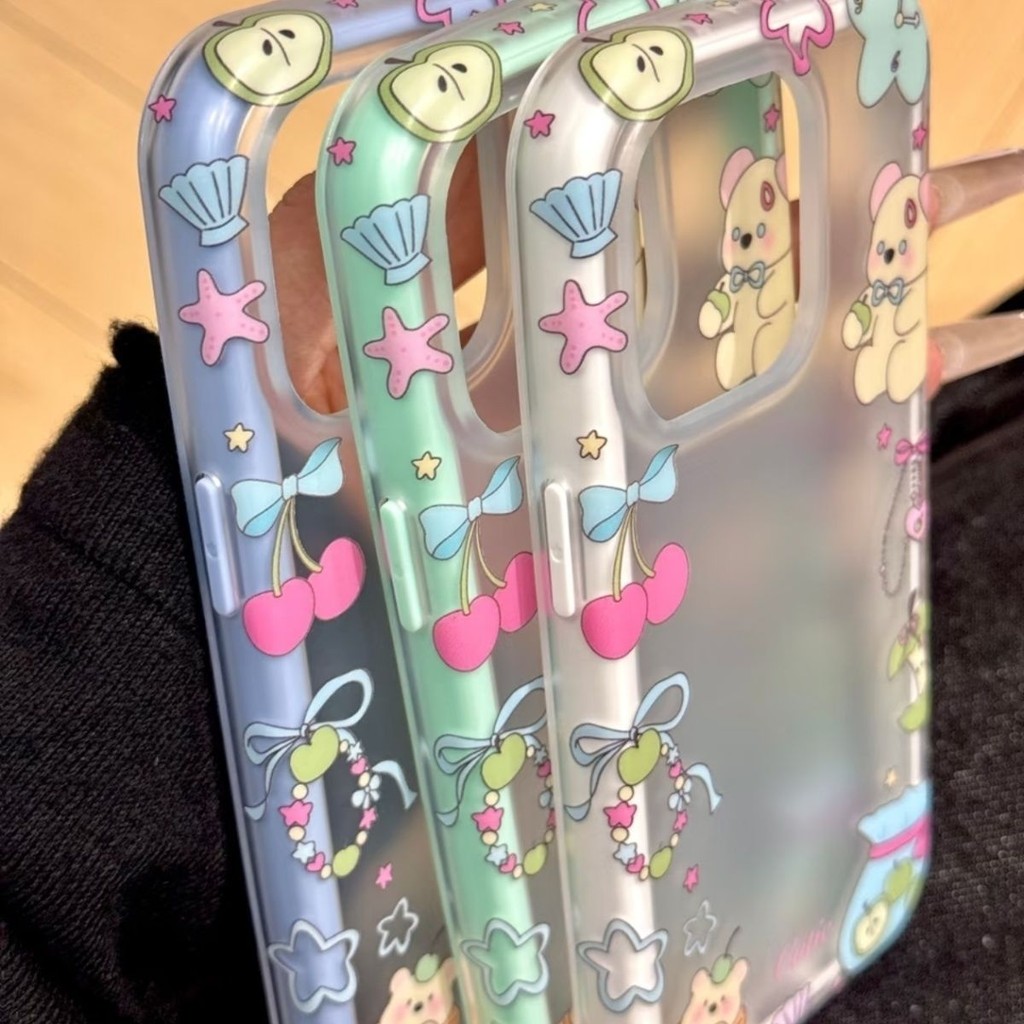 เกาหลีน่ารักขอบเชอร์รี่หมีเหมาะสําหรับ ihone16promax Apple 15pro เคสโทรศัพท์ 14 สองในหนึ่งเดียว