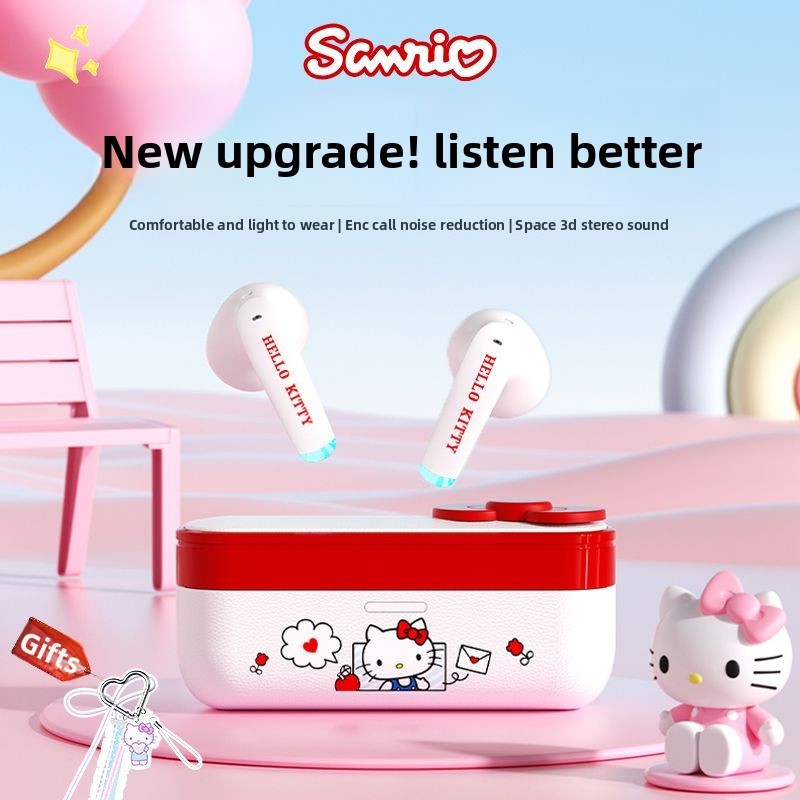 SANRIO หูฟังบลูทูธ ซานริโอ สวัสดี คิตตี้ - หูฟังตัดเสียงรบกวนไร้สายน่ารักสําหรับเล่นกีฬา/เล่นเกม, อายุการใช้งานแบตเตอรี่ยาวนาน, ของขวัญที่สมบูรณ์แบบสํา