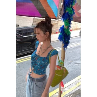 Cicishop(J2192) เสื้อสายเดี่ยว สีน้ำเงินสม็อคหลังดีเทลผูกโบว์ด้านหน้า สไตล์สาวแซ่บ