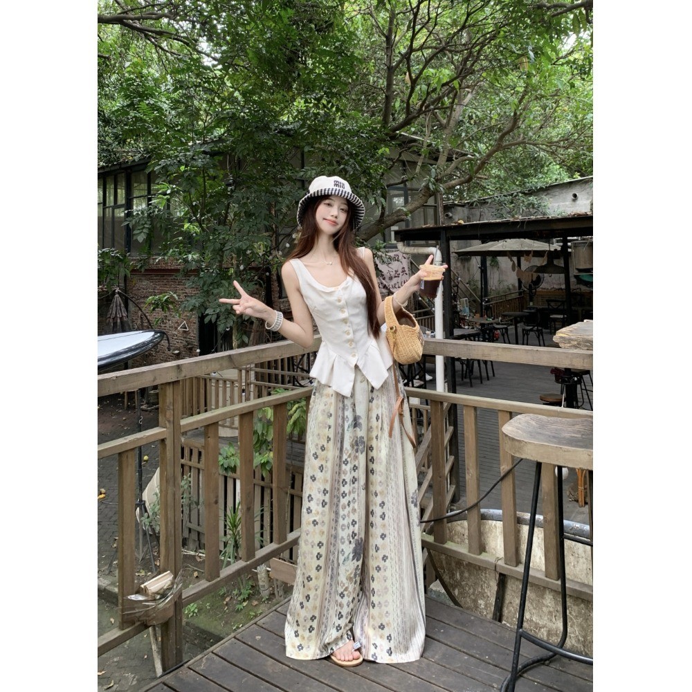 Yiyi Old Money เสื้อกั๊กกระดุมแถวเดียวผู้หญิงฤดูร้อนพิมพ์กางเกงขากว้างกางเกงลําลองชุดสองชิ้น