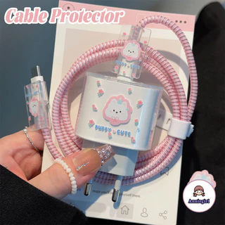 EURO น่ารักลูกสุนัขดอกไม้โปร่งใส Charger Protector สําหรับ Iphone 20W สีชมพูป้องกันการ Breakage Data Line Winder สวมใส่สาย Winder Protector สําหรับ USB/Type-C