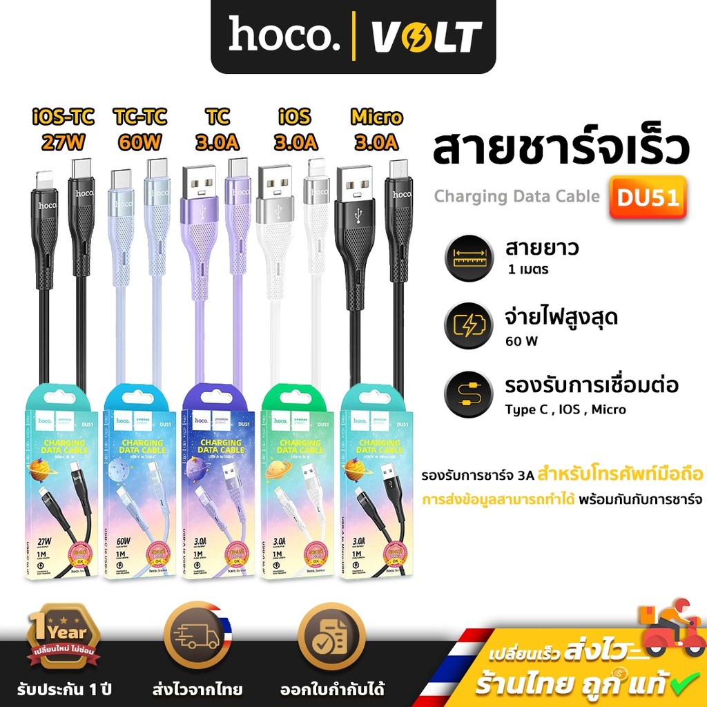 Hoco DU51 สายชาร์จเร็ว สำหรับ Micro/Type-C/iOS/TC-TC 66W/PD 27W Charging Data Cable สายชาร์จ hc8