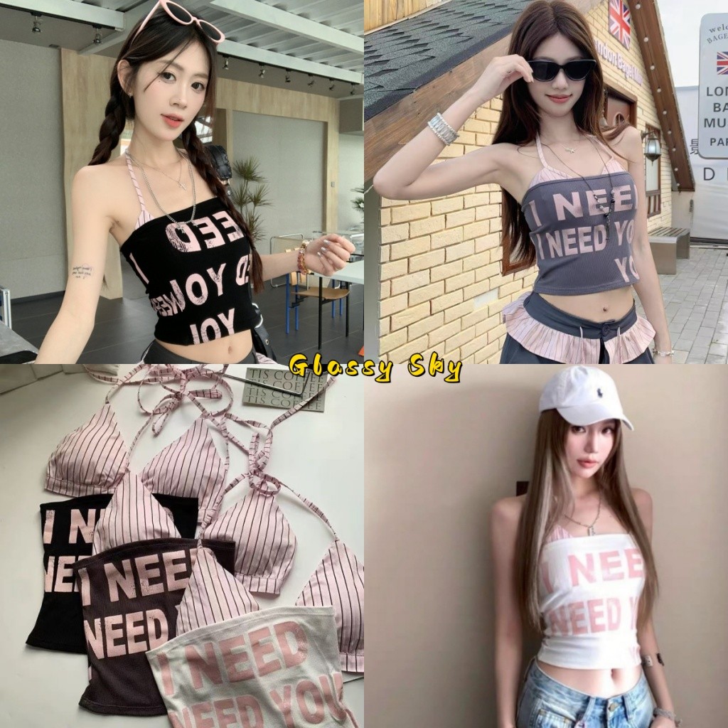 Glassy Sky😜พร้อมส่ง เสื้อเกาะอก สีพื้น ดีเทลเรียบหรูดูแพง น่ารักๆ แต่งเพชรเพิ่ม เสื้อแฟชั่น(FY2928)