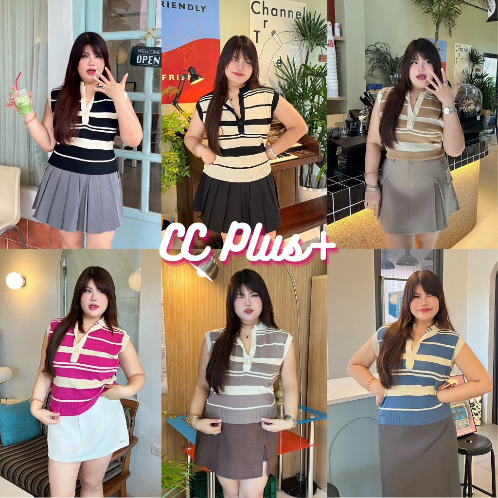 CiCi plus+(M991)เสื้อไหมพรมแขนกุด ลายทาง ดีเทลแหวกหน้า โชว์ความแซ่บ ผ้าใส่สบาย สไตล์สาวพลัสไซส์