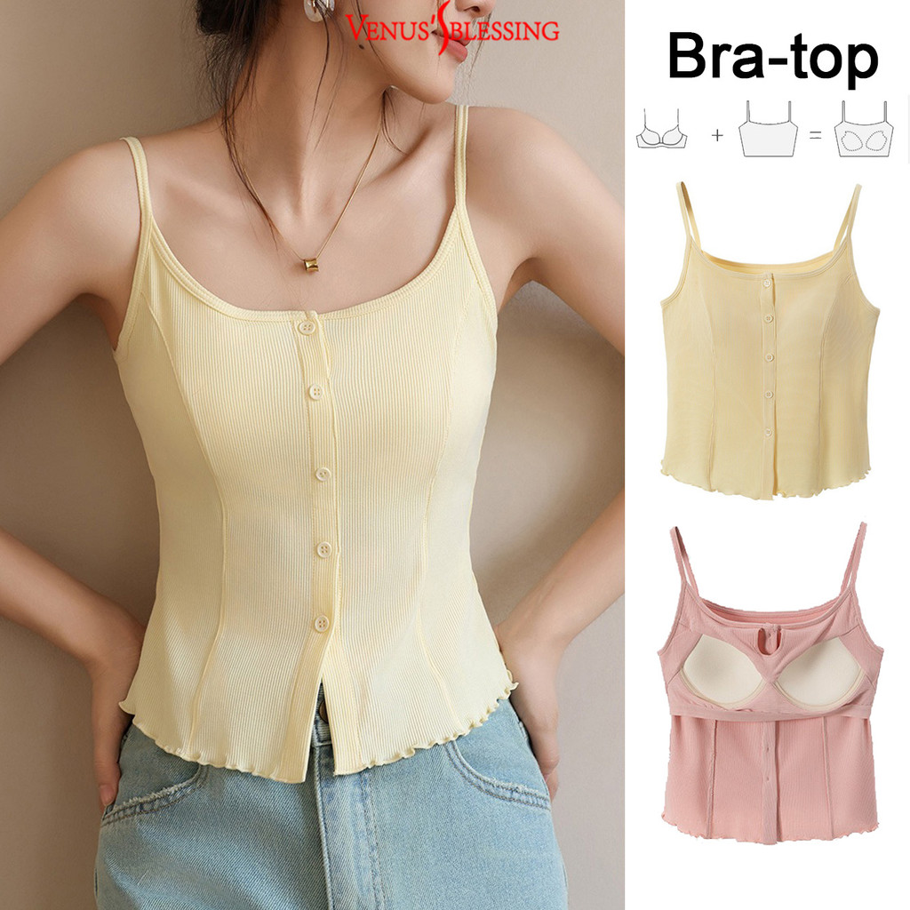 ( Ready Stock ) 2 in 1 เสื้อสายเดี่ยวสาวจั๊มกระชับสัดส่วนผู้หญิง เสื้อกล้ามสายคล้องไหล่บางพร้อมแผ่นรองหน้าอกเสื้อแขนกุดถ้วยในตัว