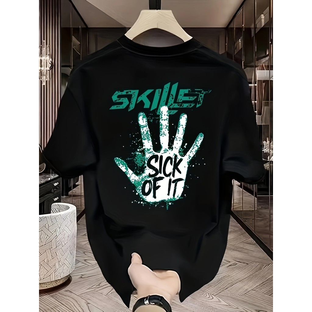 เสื้อยืดผู้ชาย - "SKILLET SICK of IT" Graphic, Casual Streetwear Style, Loose Fit, Short Sleeve, Rou