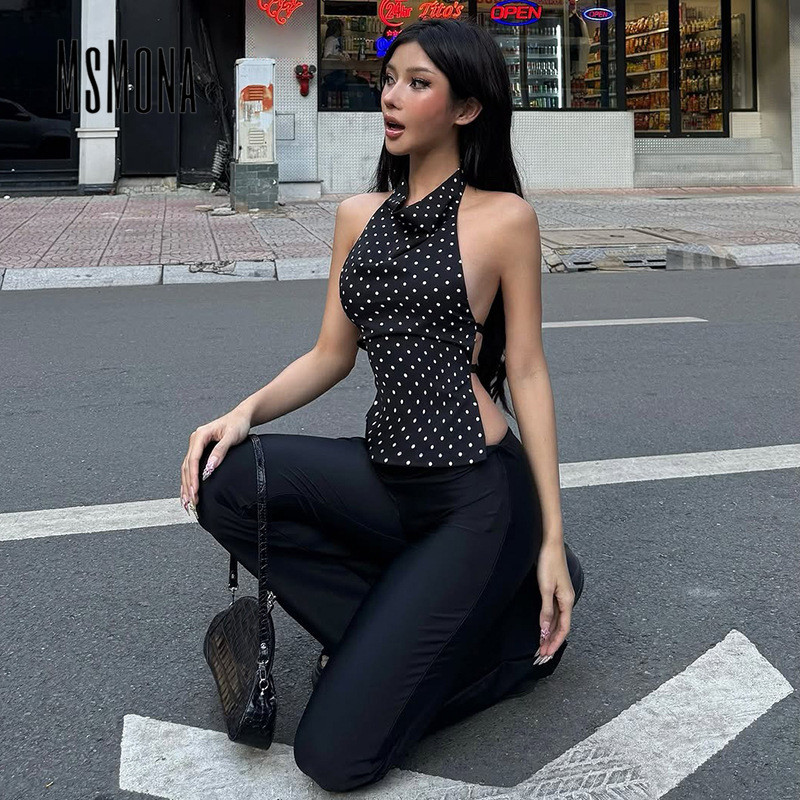 เสื้อกล้ามผู้หญิง เปิดหลัง ลายจุด แขนกุด ใส่สบาย แมทช์ง่าย แฟชั่นคอลเลกชันใหม่