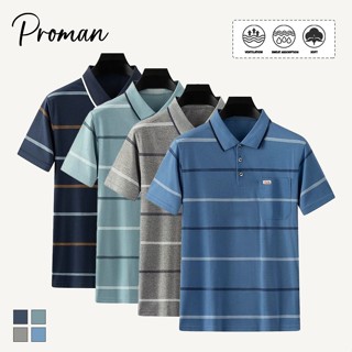 ⚡ProMan⚡เสื้อโปโลผู้ชายลายทาง  ชุดพ่อ  ไซส์ใหญ่  เย็บสีแขนสั…