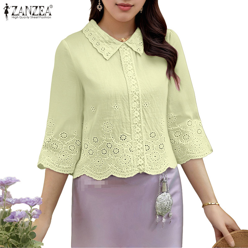 ZANZEA เสื้อลูกไม้สไตล์เกาหลี แขน 3/4 มีขอบตัดเย็บอย่างหรูหรา