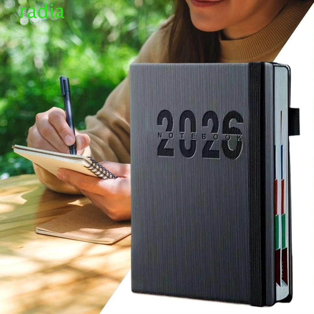 RADIANTZAP 2026 Schedule Planner Notepad,ภาษาอังกฤษ 12 เดือนA5 สมุดบันทึกวางแผนวาระ,บุ๊คมาร์คทนต่อการสึกหรอแบบพกพา 365 วันประสิทธิภาพโน๊ตบุ๊คธุรกิจ
