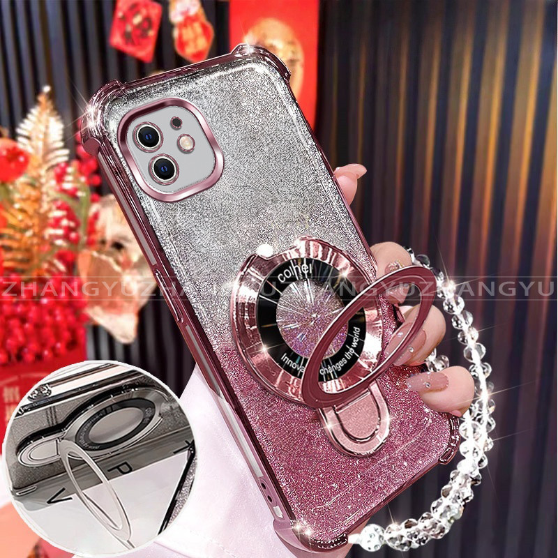 เคสสําหรับ iPhone 11 12 pro max 12 mini เคสโทรศัพท์ U-รูปไร้สายชาร์จวงเล็บสี่มุม anti drop สร้อยข้อมือเปลือกนิ่มโปร่งใส 014 – โปรปัง