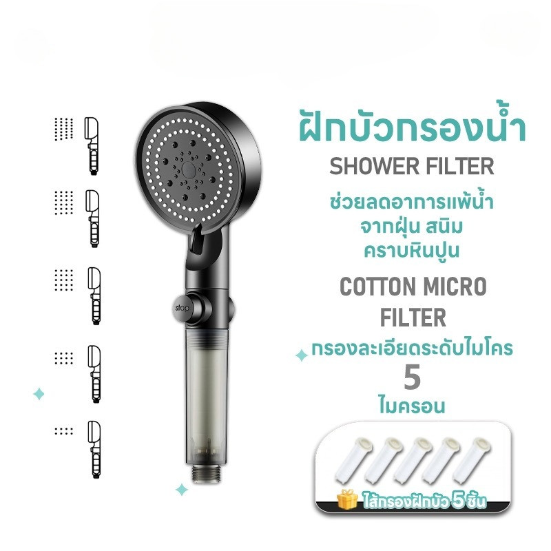 หัวฝักบัวกรองน้ำโครฟิลเตอร์ 5 ชิ้น เหมาะสำหรับผิวบอบบางแพ้ง่าย  เทคโนโลยี ลดกลิ่นคลอรีนในน้ำ ปรับแรงน้ำได้5ระดับ