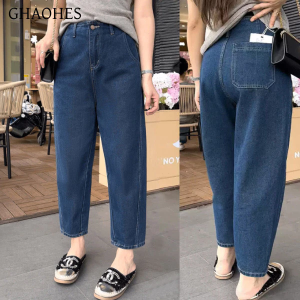 GHAOHES กางเกงยีนส์ยืด 9 ส่วน เอวสูงสไตล์วินเทจ ดูผอมสำหรับสาวไซส์ใหญ่ #V125
