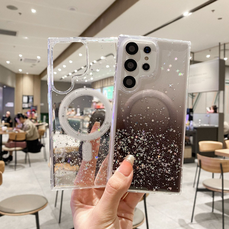 SAMSUNG Luxury Gradualโปร่งใสGlitterแม่เหล็กสําหรับSamsung Galaxy S25 Ultra S24 S23 S22 Plus 23FE 25Ultra Anti-Dropป้องกันEพอกซี