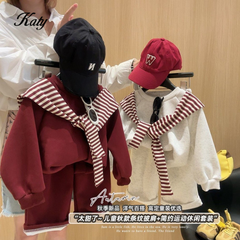 เสื้อผ้าเด็กผู้ชาย-ผู้หญิง สไตล์เกาหลี ผ้าคลุมไหล่ลายทาง ชุดสองชิ้น แฟชั่นฤดูใบไม้ผลิ-ฤดูใบไม้ร่วง 2025 ใส่ได้ทุกโอกาส