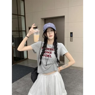 พร้อมส่ง เสื้อยืดสวยๆผู้หญิง แขนสั้นพิมพ์ เสื้อยืดแขนสั้นหลวมพิมพ์ตัวอักษรเรียบง่ายสไตล์เกาหลี