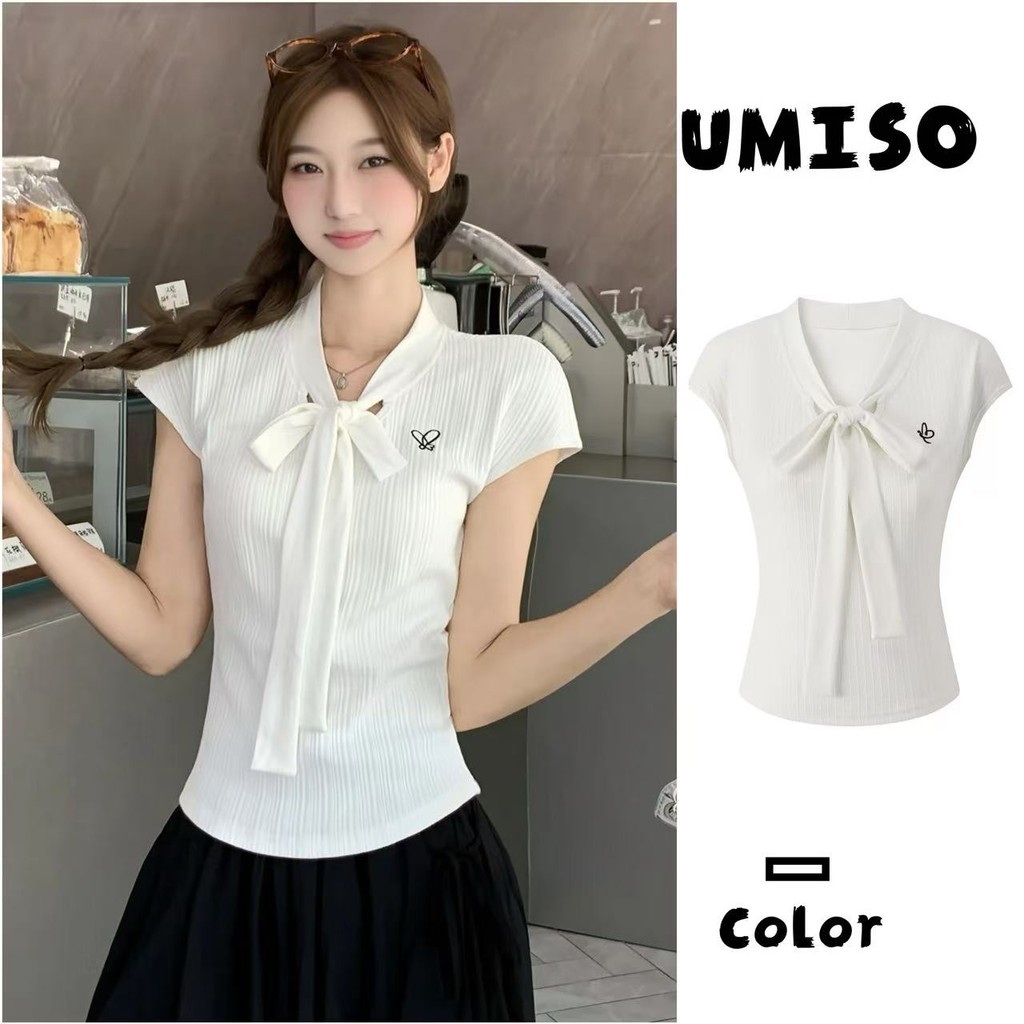 ส่งไวจากไทย เสื้อเบลาส์สีขาว  ผูกโบว์  สำหรับผู้หญิง เสื้อยืดเบสิคปัก ผ้านิ่ม ใส่บาย น่ารักๆUMISO