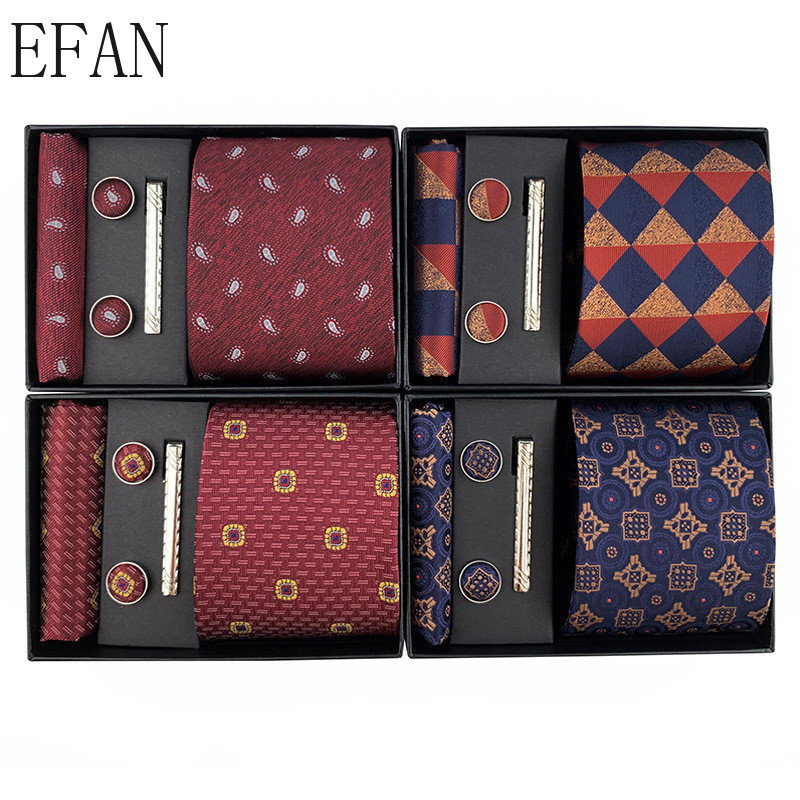 6ชิ้น/เซ็ต8เซนติเมตรผูกกล่องของขวัญธุรกิจอย่างเป็นทางการลายสก๊อตลายลายจุดเนคไทผ้าเช็ดหน้ากระดุมข้อมือผูกคลิปเนคไทผู้ชายชุด