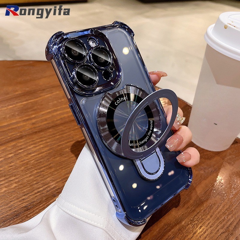 หรูหรากันกระแทกสําหรับXiaomi 14 Pro 13T 13 Pro Poco F6 X6 Pro F3 Redmi K70 K60 K50 Pro Ultr Bracketไร้สายผู้ถือแม่เหล็กกรณีโปร่งใสชุบฝาครอบแม่เหล็ก