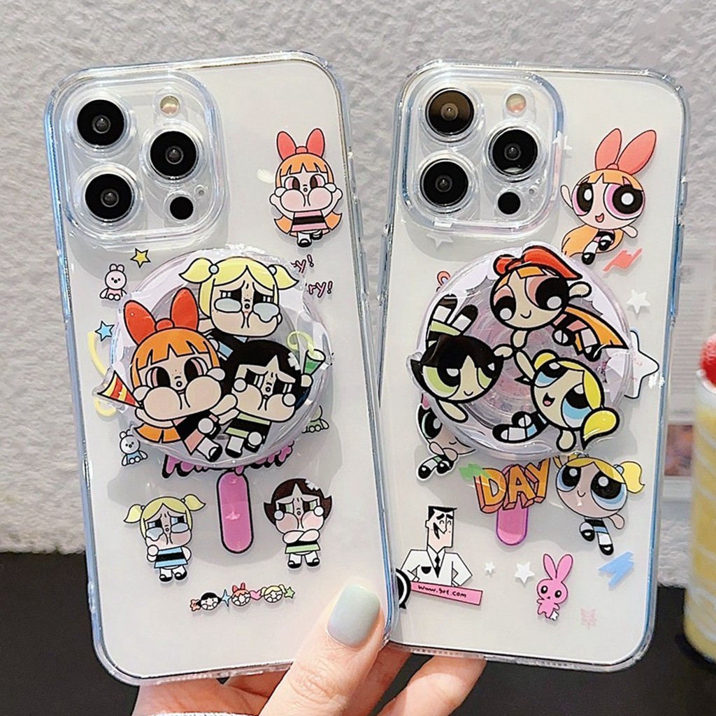 ปลอกสําหรับ ไอโฟน 15 มือโปร สูงสุด 14 11 13 12มือโปร แม่เหล็กชาร์จไร้สายยืนผู้ถือ พาวเวอร์พัฟ สาวรูปแบบการ์ตูน ทีพียู เคสป้องกันป้องกันรอยขีดข่วนเปลือกกันกระแท