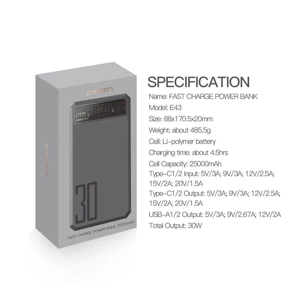 ชาร์จเร็ว ORsen Eloop E43 แบตสำรองชาร์จเร็ว 25000mAh 30W （รับประกันหนึ่งปี)