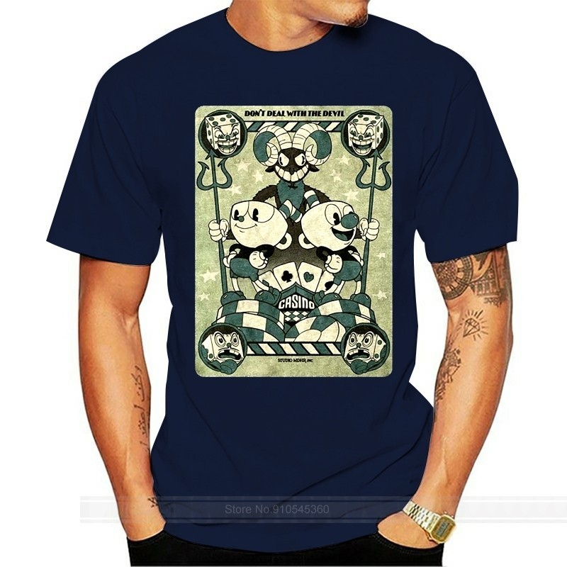 Cuphead Mens Casino Playing Card เสื้อยืดชายแบรนด์ teeshirt ผู้ชายฤดูร้อนผ้าฝ้ายเสื้อยืด