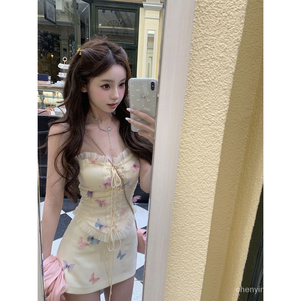 ฝรั่งเศสสามมิติโบว์เย็บผ้ากอซลูกไม้ข้ามลูกไม้ขึ้นท่อบนหญิงสะโพกกระโปรงปกชุดสองชิ้น n3ฟิ