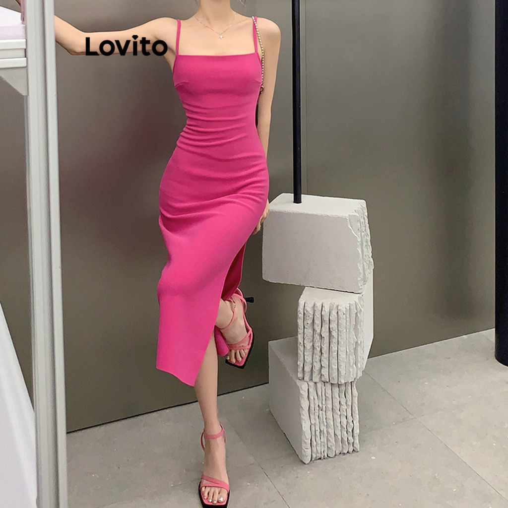 Lovito ชุดเดรสผู้หญิง แต่งผ่าด้านหน้า เปิดไหล่ สีพื้น สไตล์ลำลอง LNE55627
