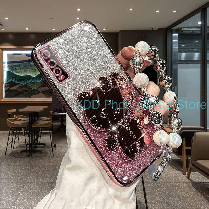 เคส Vivo Y20 Y20S Y12S Y12A Y20S G V2026 V2049 กระจกเครื่องสําอางเคสโทรศัพท์สําหรั Kittyวงเล็บโทรศัพท์มือถือCaseTransparent Electroplate Glitter Shellพร้อมสร้อยข้อมือ