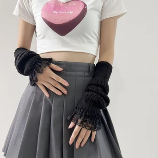 SWEE ถุงมือถัก, Fingerless False Sleeves Long Wrist Gloves, สไตล์ญี่ปุ่นสีดําสีขาวนิ้วมือแขนอุ่นข้อศอก Mittens สําหรับ Y2k Spice Girls